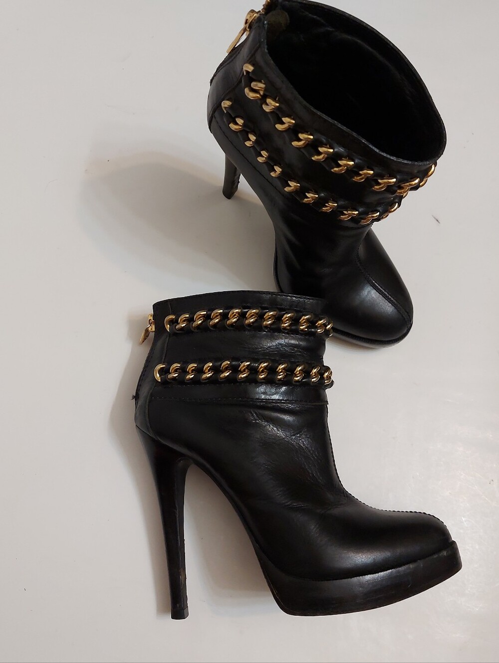 Tory Burch Black Leather Ankle Booties with Gold Chain Bands